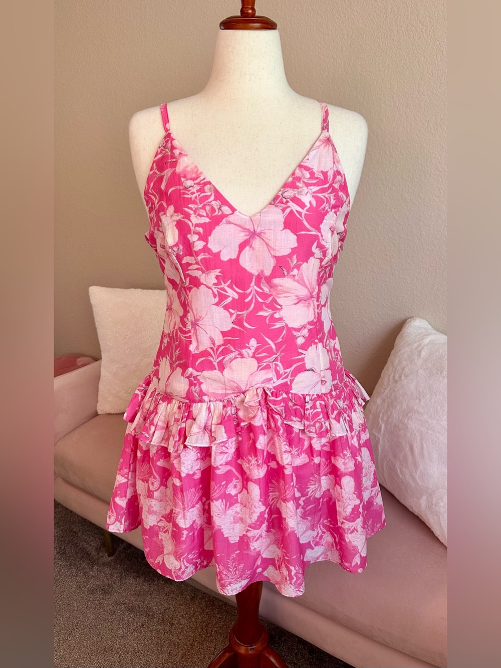 LoveShackFancy Fabienne Mini Dress Sleeveless Women Sz 14 Pink Salty Sea Floral